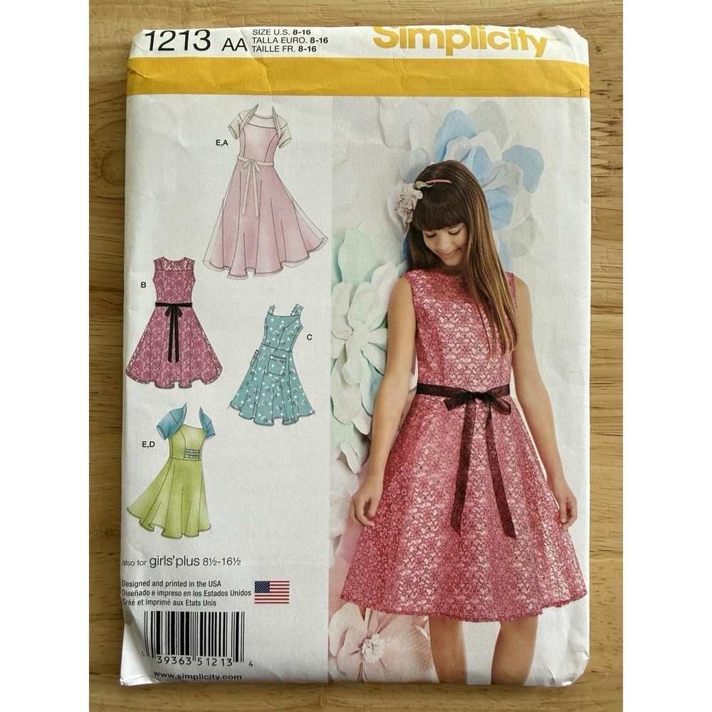 Simplicity Pattern 1213 Girls'‎ & Plus Dress In 2-Lengths w Knit Shrug Sz 8-16.5